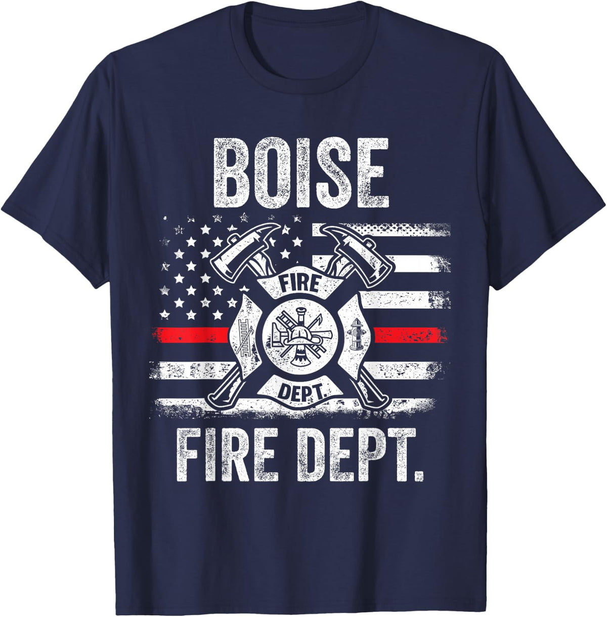 Boise Idaho Fire Department Thin Red Line Fireman T-Shirt - Navy Blue