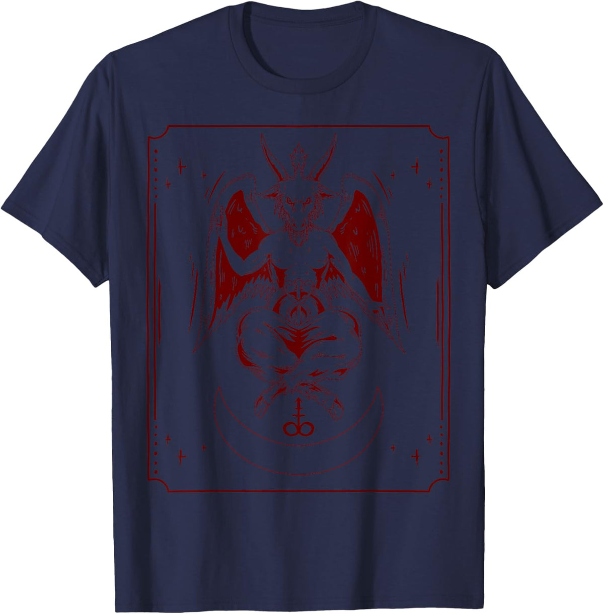 Goat Sigil of Lucifer Crescent Moon Satanic Baphomet T-Shirt - Navy Blue