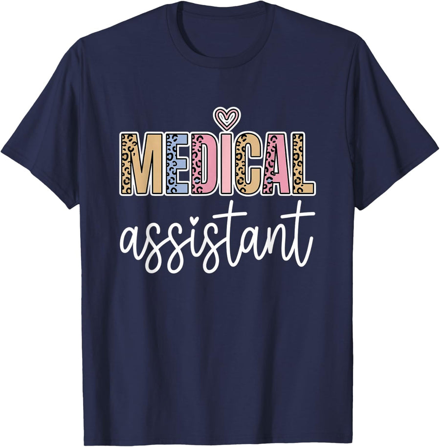 Medical Assistant Leopard Pattern Healthcare Worker Heart T-Shirt - Navy Blue