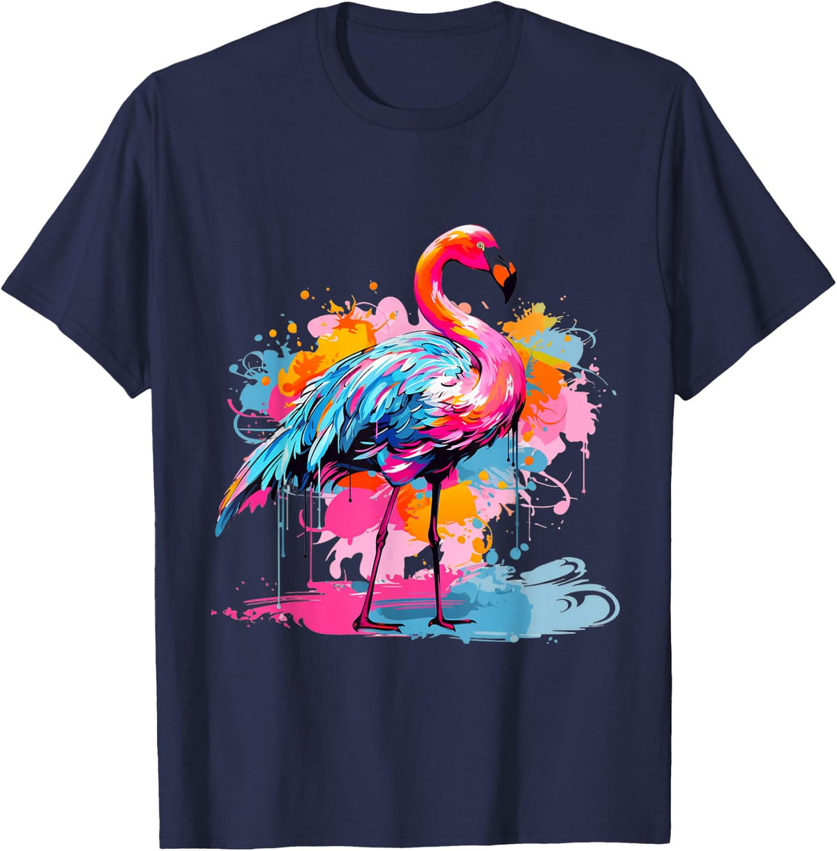 Cool Colorful Flamingo Portrait Graphic T-Shirt - Navy Blue