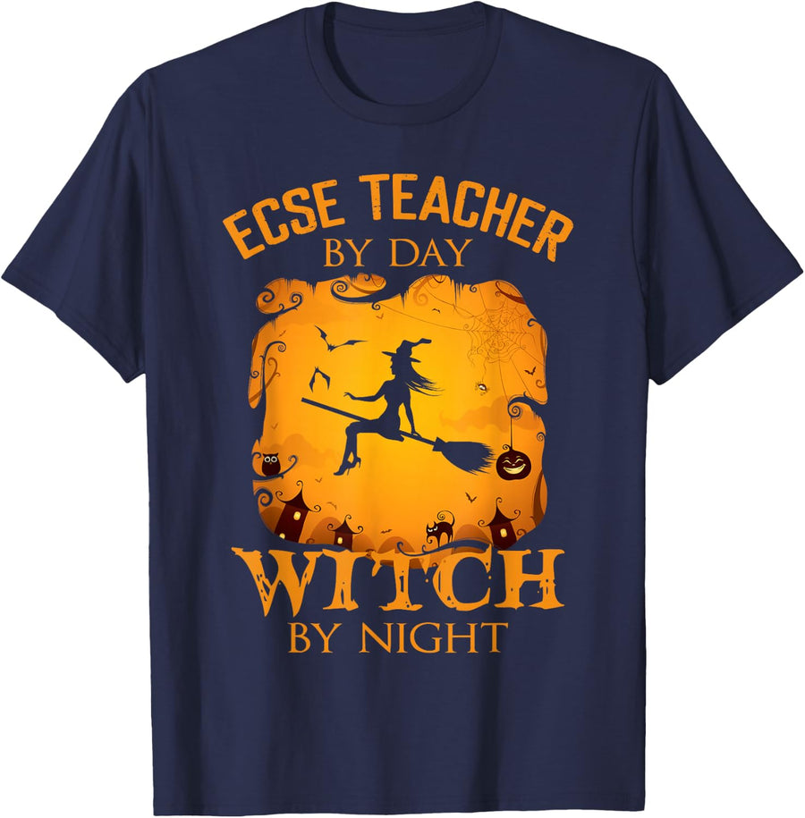ECSE Teacher By Day Witch By Night Halloween Fun T-Shirt - Navy Blue