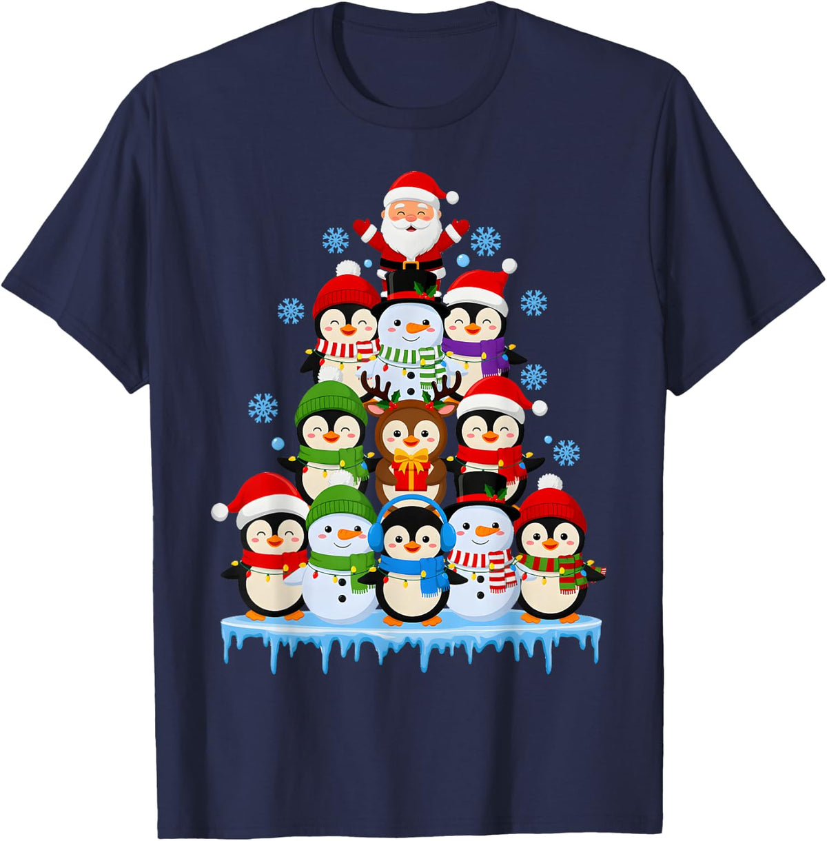 Christmas Penguin Snowman Tree Santa Winter Xmas T-Shirt - Navy Blue