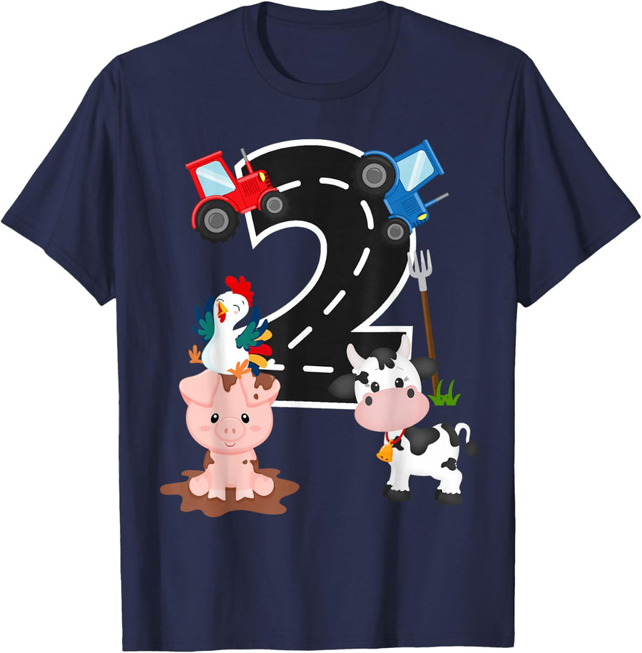 Tractor Farm Animals Number 2 2nd Birthday Farm Barnyard T-Shirt - Navy Blue
