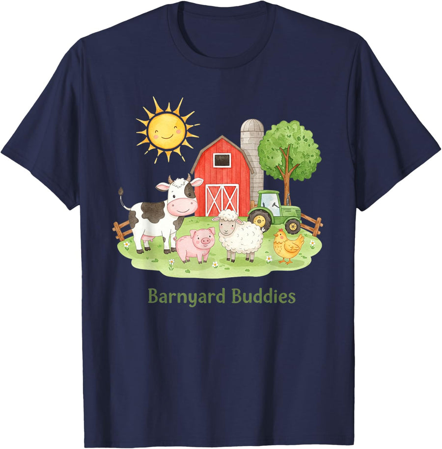 Barnyard Buddies Cute Cow Sheep Pig Hen On The Farm Barnyard T-Shirt - Navy Blue