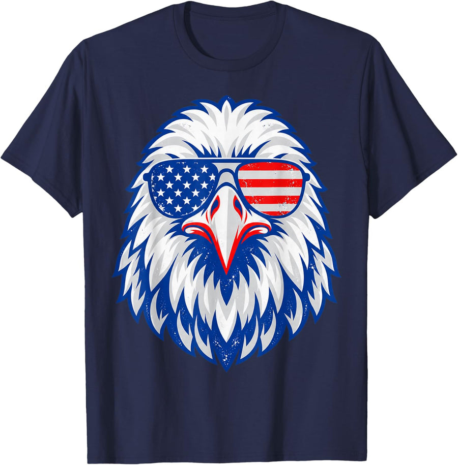 Bald Eagle Head with USA Flag Sunglasses Patriot T-Shirt - Navy Blue