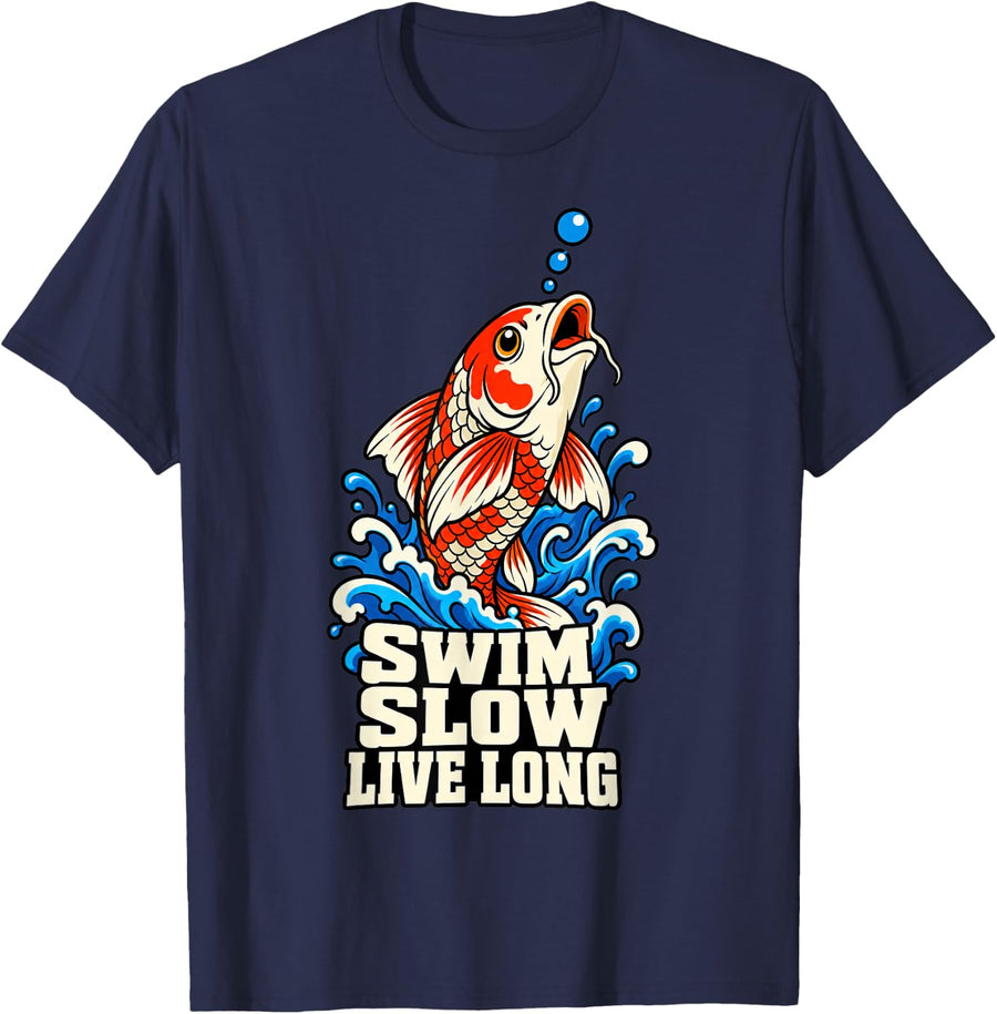Koi Swim Slow Live Long Funny Fish Japanese Pond Wave T-Shirt - Navy Blue