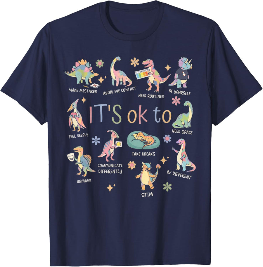 Its Ok to Be Different Cute Dinosaur Neurodiversity Tee T-Shirt for Autism Acceptance Awareness - Navy Blue