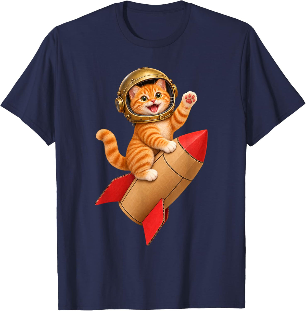 Space Cat Riding a Cardboard Rocket - Cute Astronaut Kitten T-Shirt - Navy Blue
