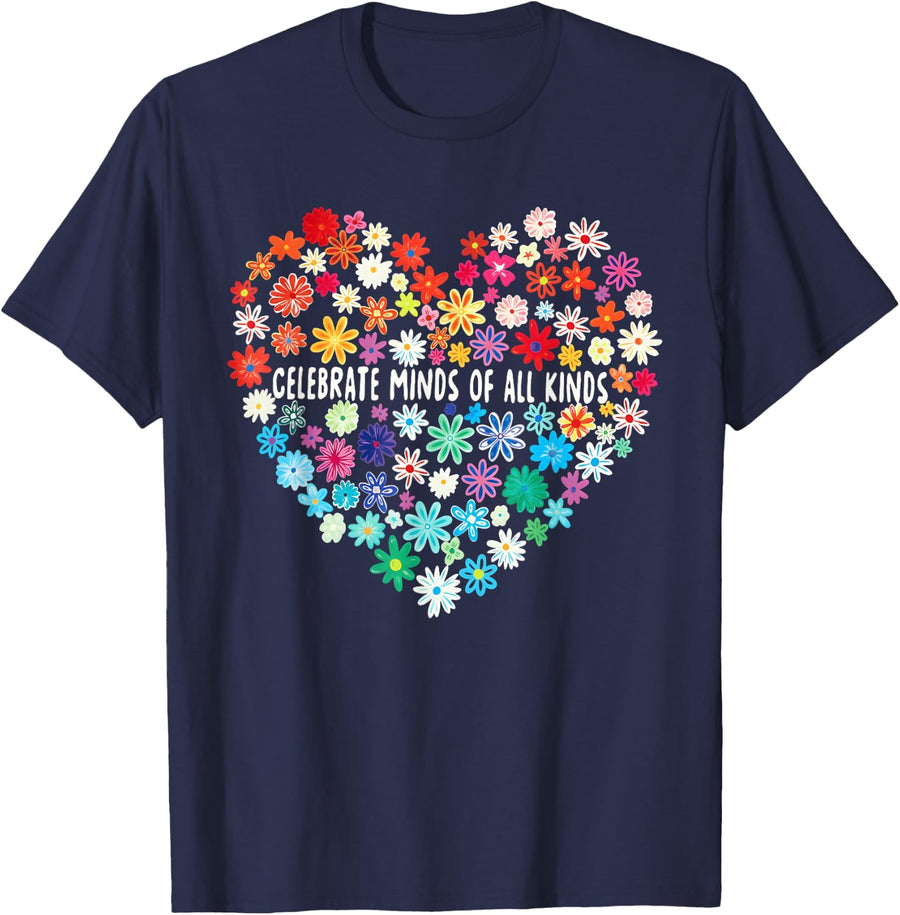 Celebrate Minds of All Kinds Flowers Neurodiversity Autism T-Shirt - Navy Blue