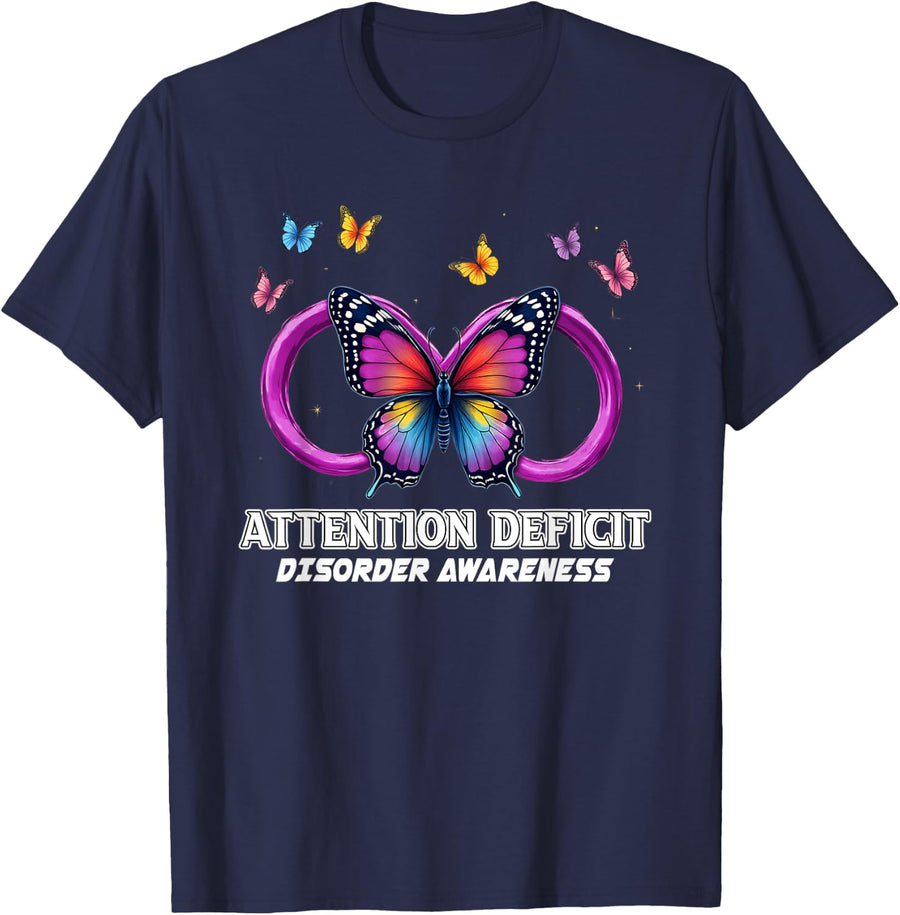 Infinity Butterfly Attention Deficit Disorder Awareness T-Shirt - Navy Blue