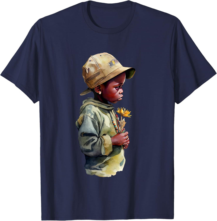 Young Black Boy Joy Flowers Sunflower African Melanin T-Shirt - Navy Blue