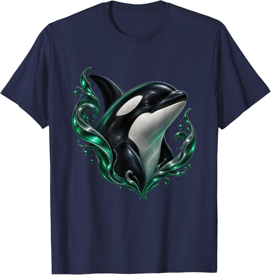 Orca with Emerald Fluid Swirls Mystical Animal Art T-Shirt - Navy Blue