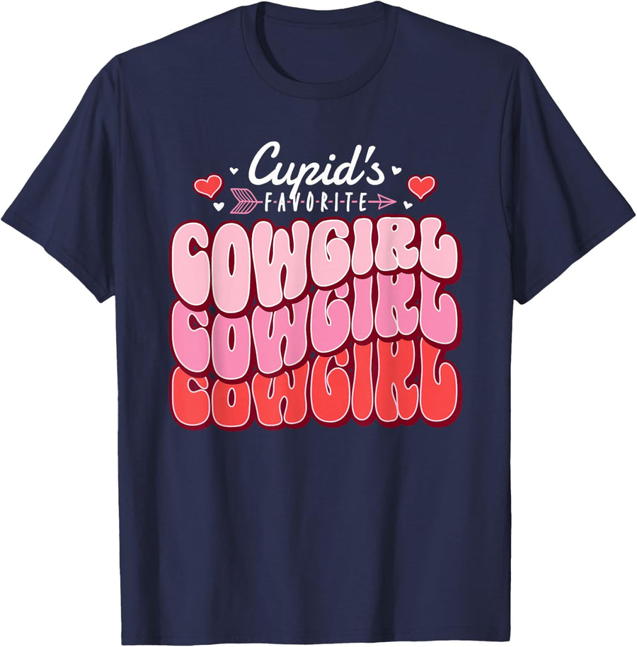Cupid's Favorite Cowgirl Valentine's Day Hearts T-Shirt - Navy Blue