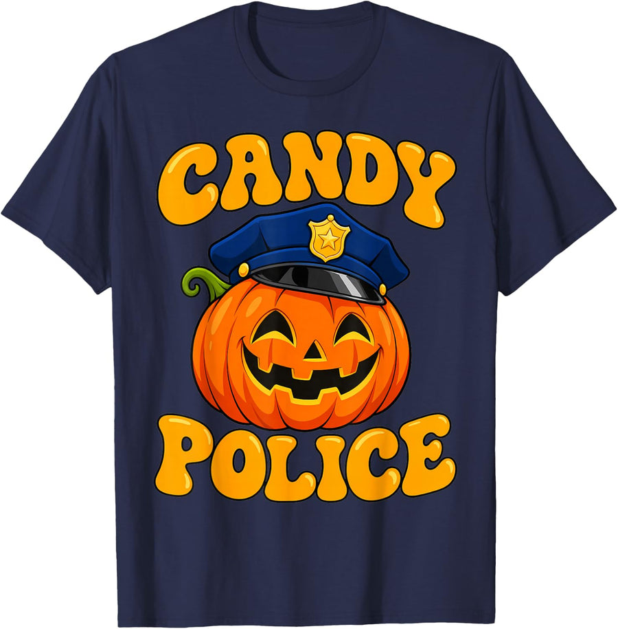Candy Police Halloween Pumpkin Trick Treat Kids Youth T-Shirt - Navy Blue