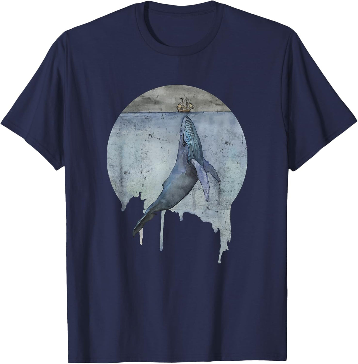 Humpback Whale Ship At Sea Ocean Tees Distressed Watercolor T Shirts - Navy Blue