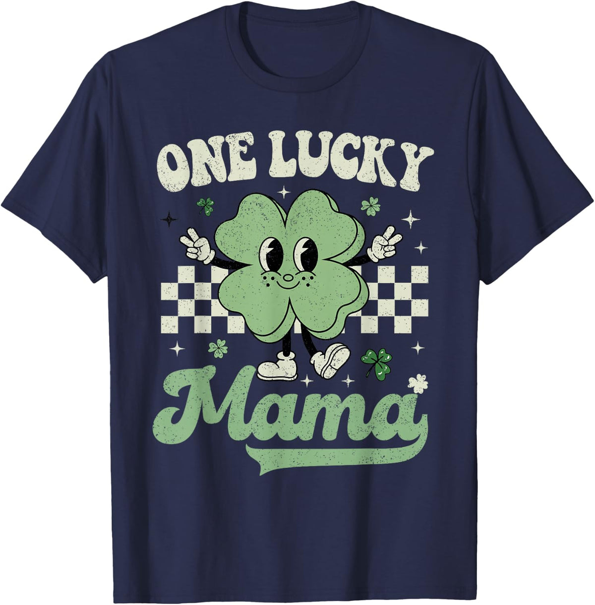 Retro Groovy St Patricks Day One Lucky Mama Hippie Shamrock T-Shirt - Navy Blue