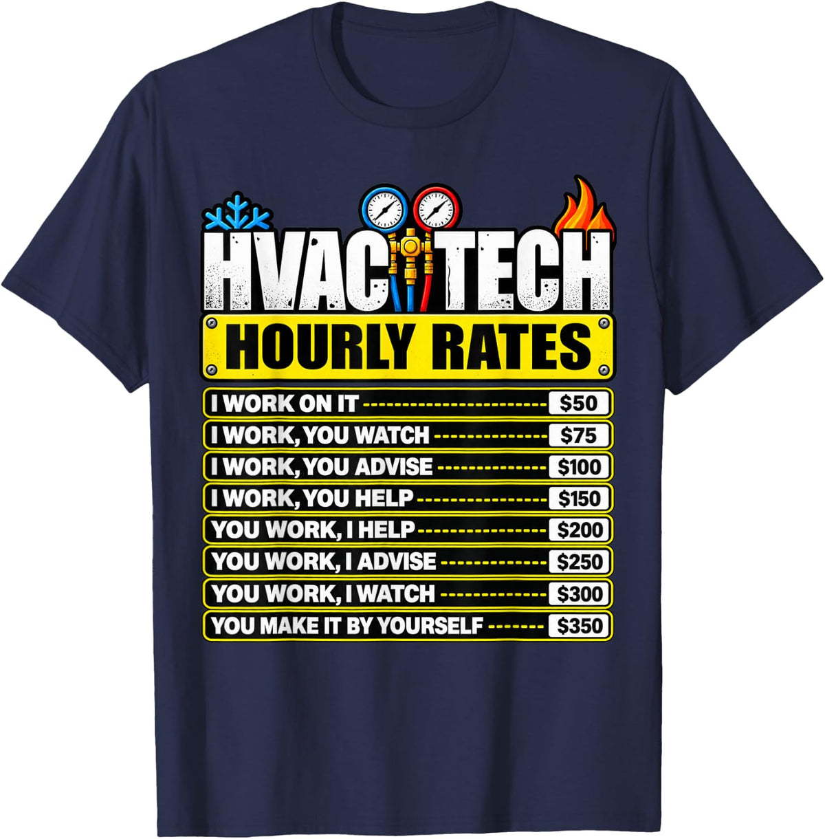 HVAC Tech Hourly Rates I Work You Watch Technician T-Shirt - Navy Blue