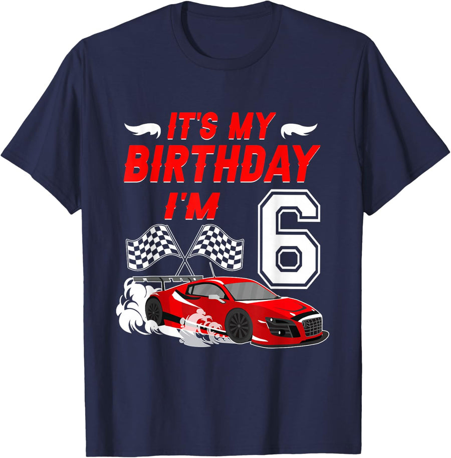 It's My 6th Birthday Boy Race Car Racing 6 Years Old T-Shirt - Navy Blue