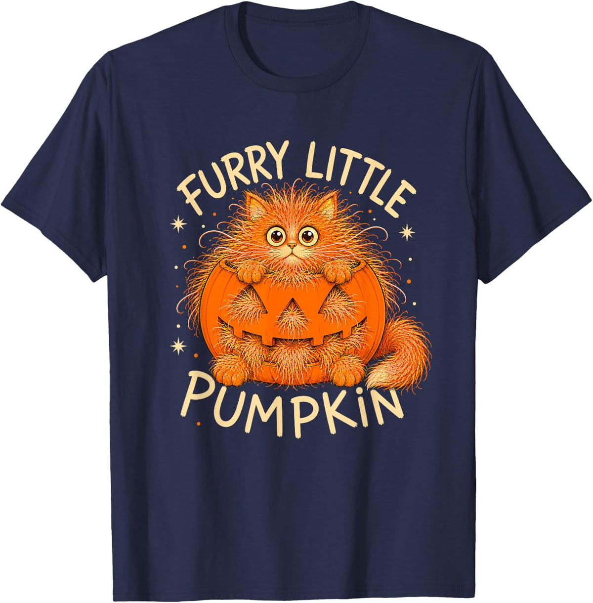 Furry Little Pumpkin Cute Fluffy Orange Cat Halloween T-Shirt - Navy Blue