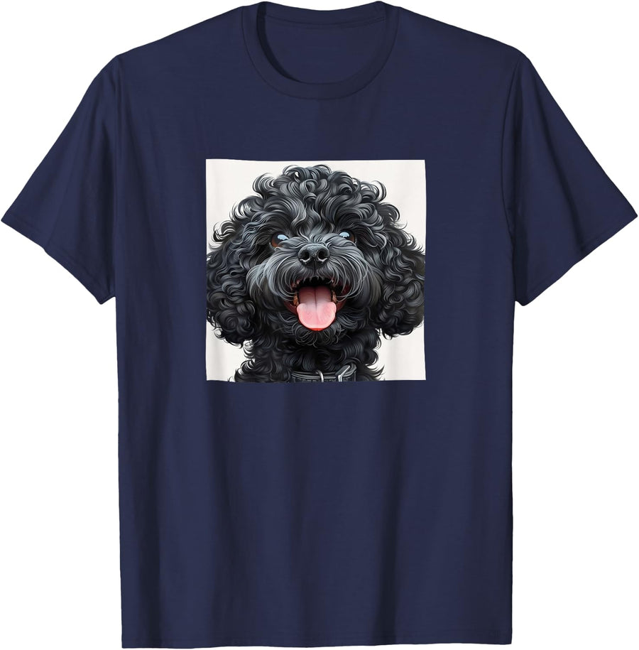 Black Poodle Puppy Laughing Graphic T-Shirt - Navy Blue