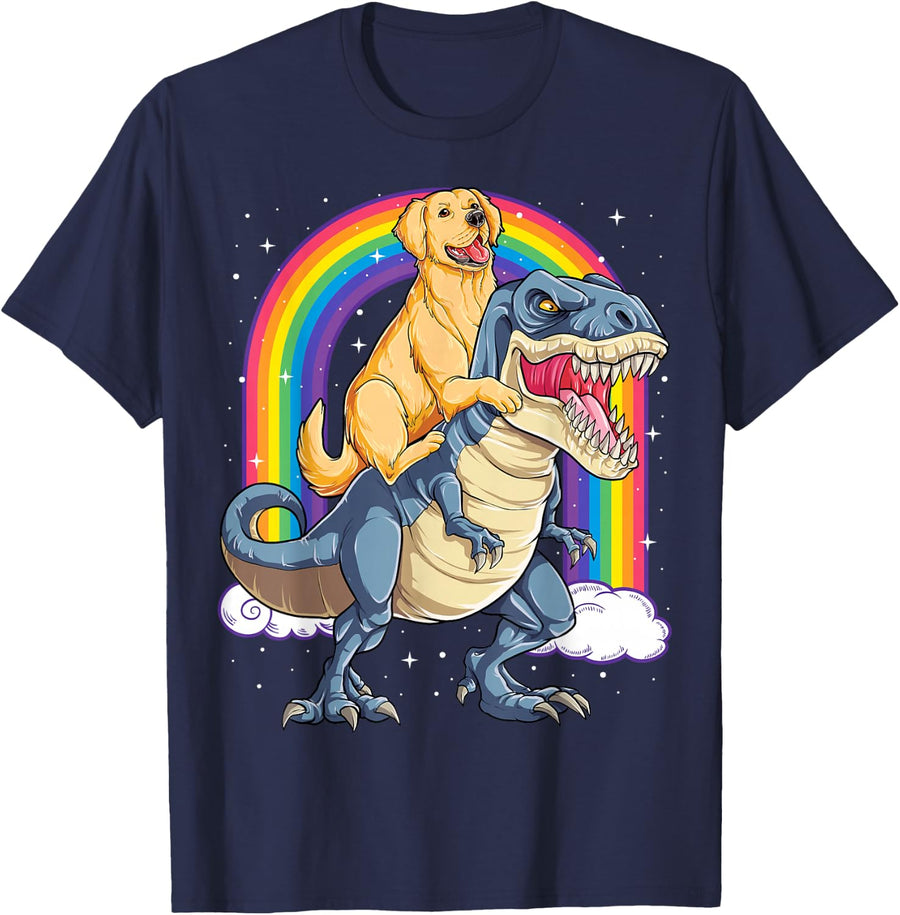 Golden Retriever Riding Dinosaur T rex Gifts Boys Rainbow T-Shirt Small - Navy Blue