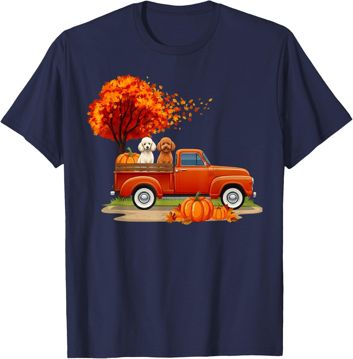 Miniature Poodle Dog Truck Pumpkin Autumn Fall Thanksgiving T-Shirt - Navy Blue