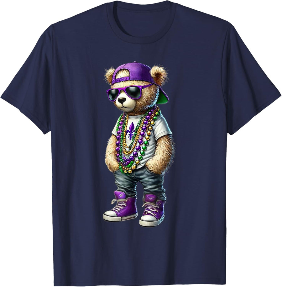 Mardi Gras Teddy Bear For Boys Men Hip Hop New Orleans Tee T-Shirt - Navy Blue