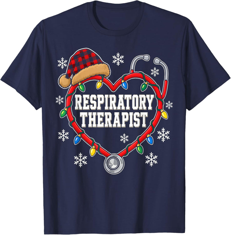 Respiratory Therapist Christmas Shirt RT Heart Lights T-Shirt - Navy Blue