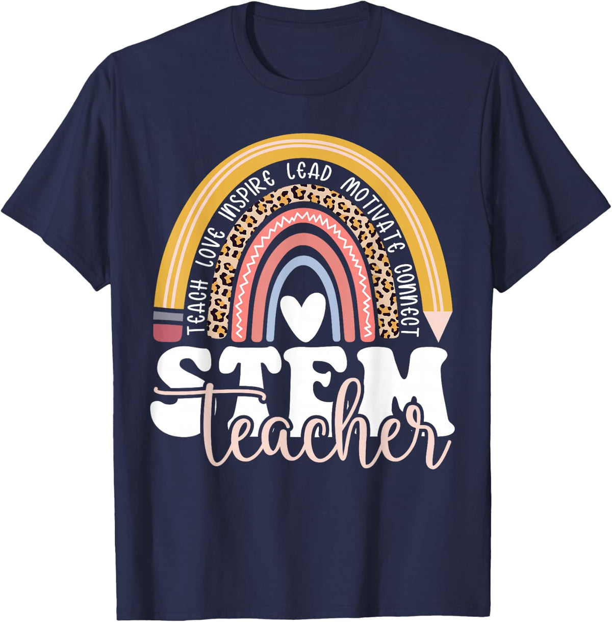 STEM Teacher Rainbow Leopard Math Science Technology Teacher Tee T-Shirt - Navy Blue