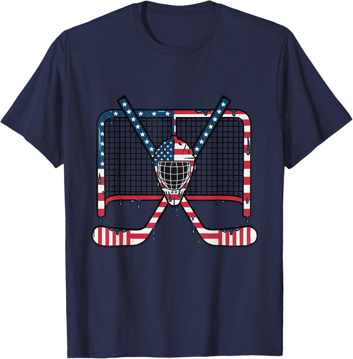 Ice Hockey Drip Goalie Field American Flag Boys Youth Men T-Shirt - Navy Blue