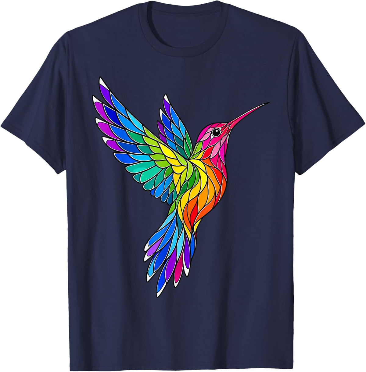 Stained Glass Hummingbird Mosaic Art T-Shirt - Navy Blue