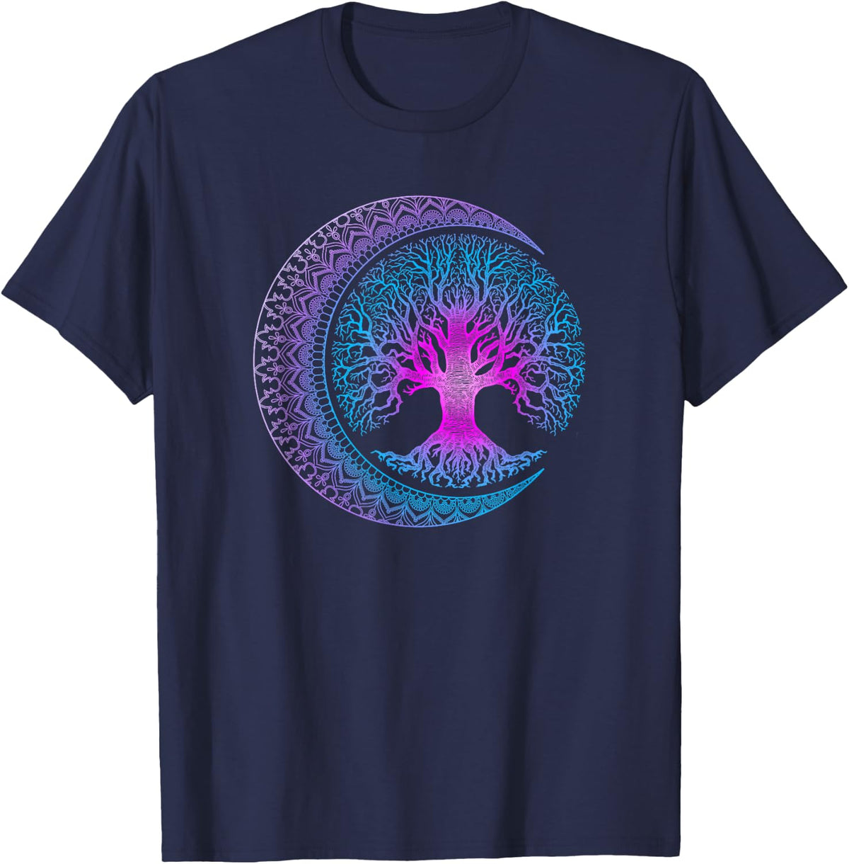 Tree of Life Cresent Moon Phases Mandala Yoga Gift T-Shirt - Navy Blue