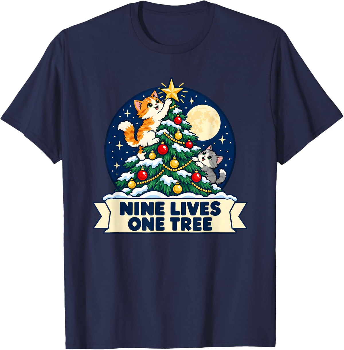 Kitten Climbing Christmas Tree Night Moon Cute Cat Xmas T-Shirt - Navy Blue