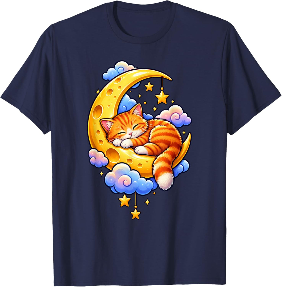 Sleeping Ginger Cat on Crescent Moon with Stars T-Shirt - Navy Blue