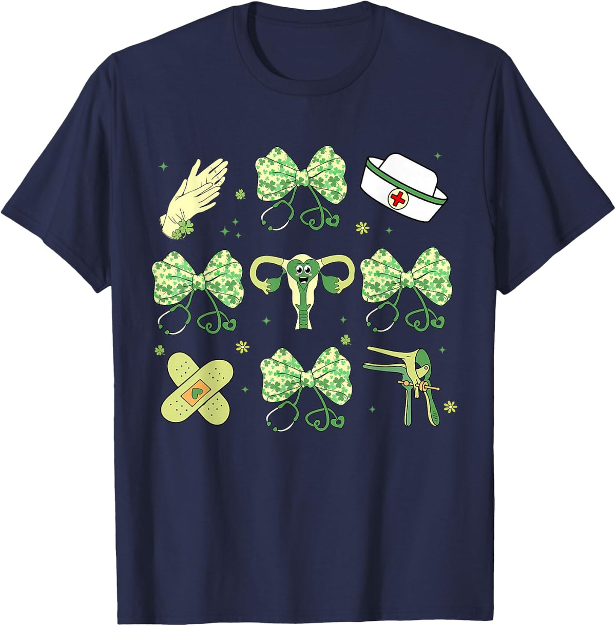 Coquette Bow OBGYN St Patricks Day Speculum Nurse Obstetrics T-Shirt - Navy Blue