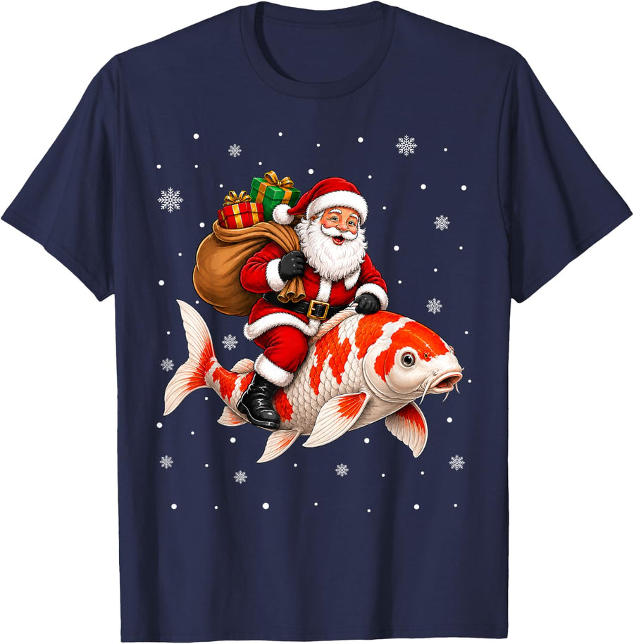 Festive Holiday Funny Santa Riding Koi Fish Christmas T-Shirt - Navy Blue