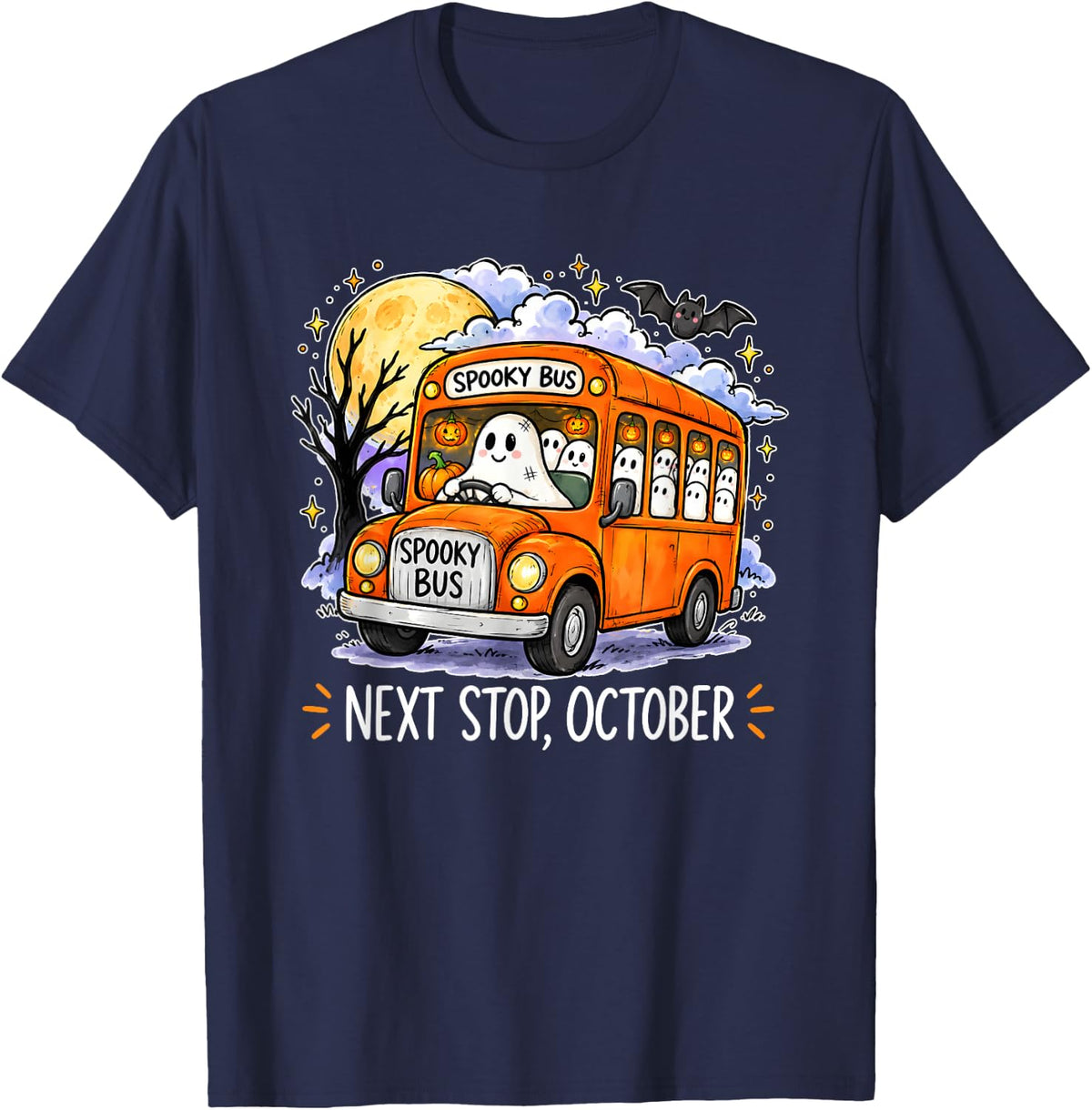 Spooky Bus Next Stop October Halloween T-Shirt - Navy Blue