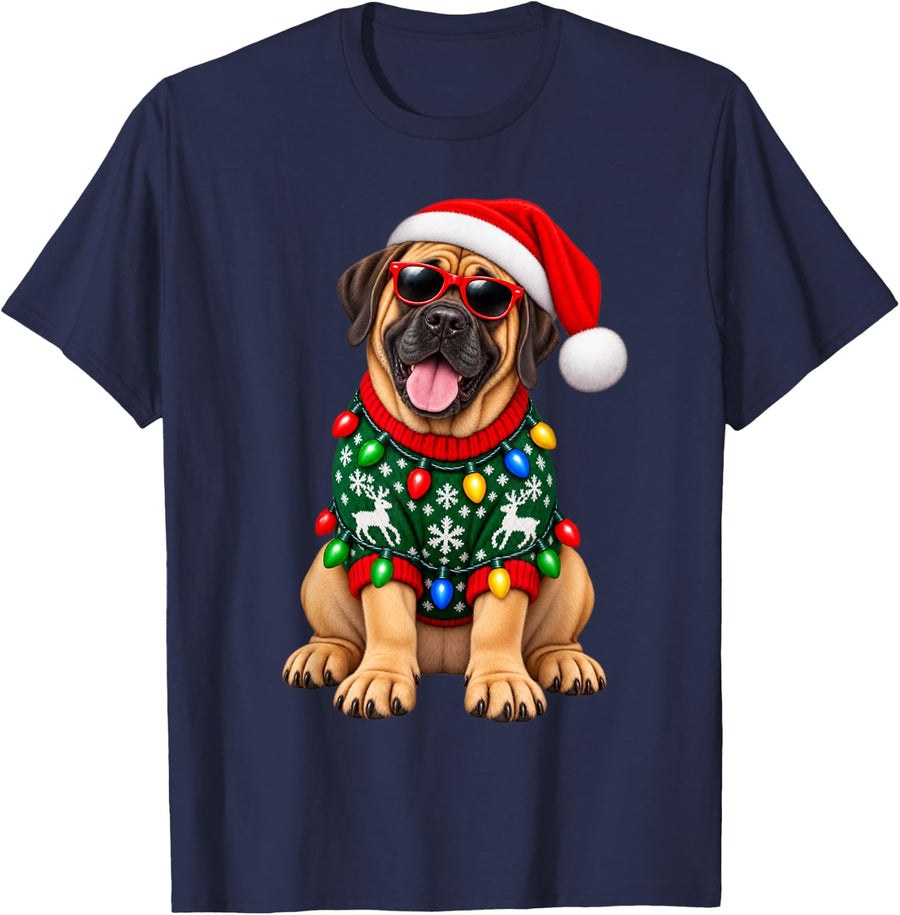 Mastiff Dog Christmas Sweater Santa Hat Sunglasses Dog T-Shirt - Navy Blue