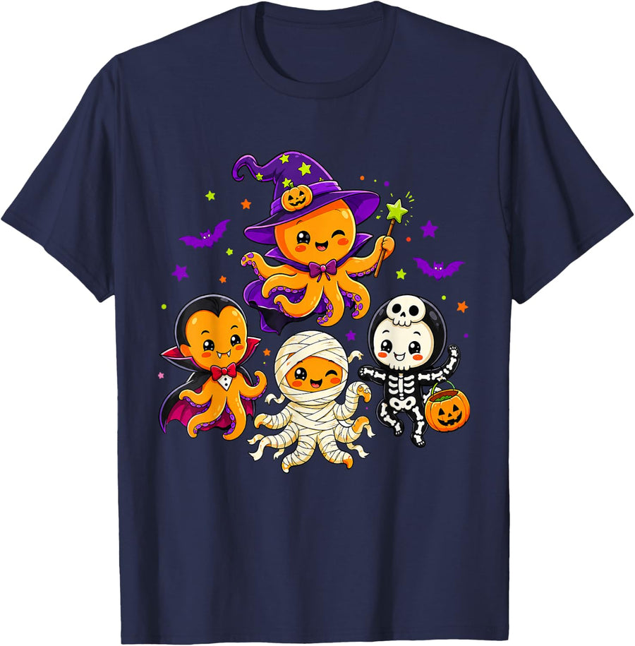 Octopus Witch Vampire Ghost Funny Halloween Kids Mens Womens T-Shirt - Navy Blue
