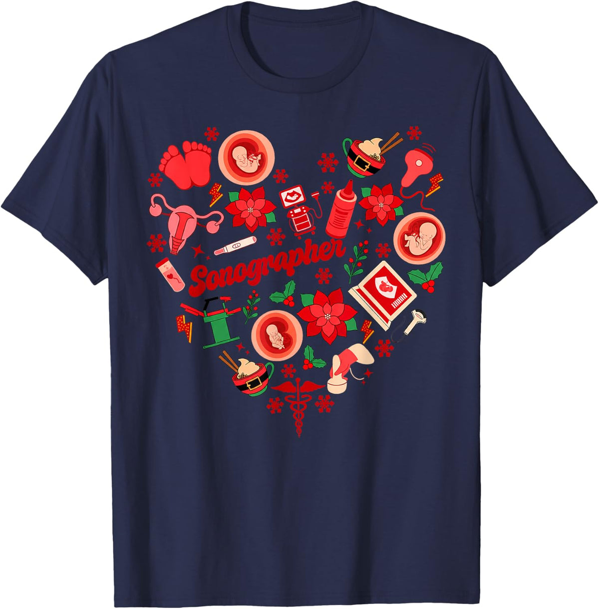 Christmas Sonographer Heart Shape Ultrasound Tech RDMS Xmas T-Shirt - Navy Blue