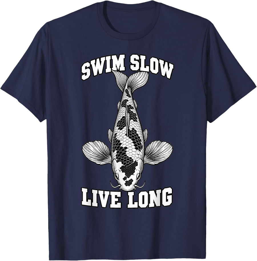 Koi Swim Slow Live Long Fans Wave Fish Japanese Pond T-Shirt - Navy Blue