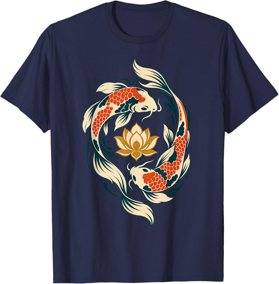 Koi Fish Pair Golden Lotus Vintage Japanese Style Art T-Shirt - Navy Blue