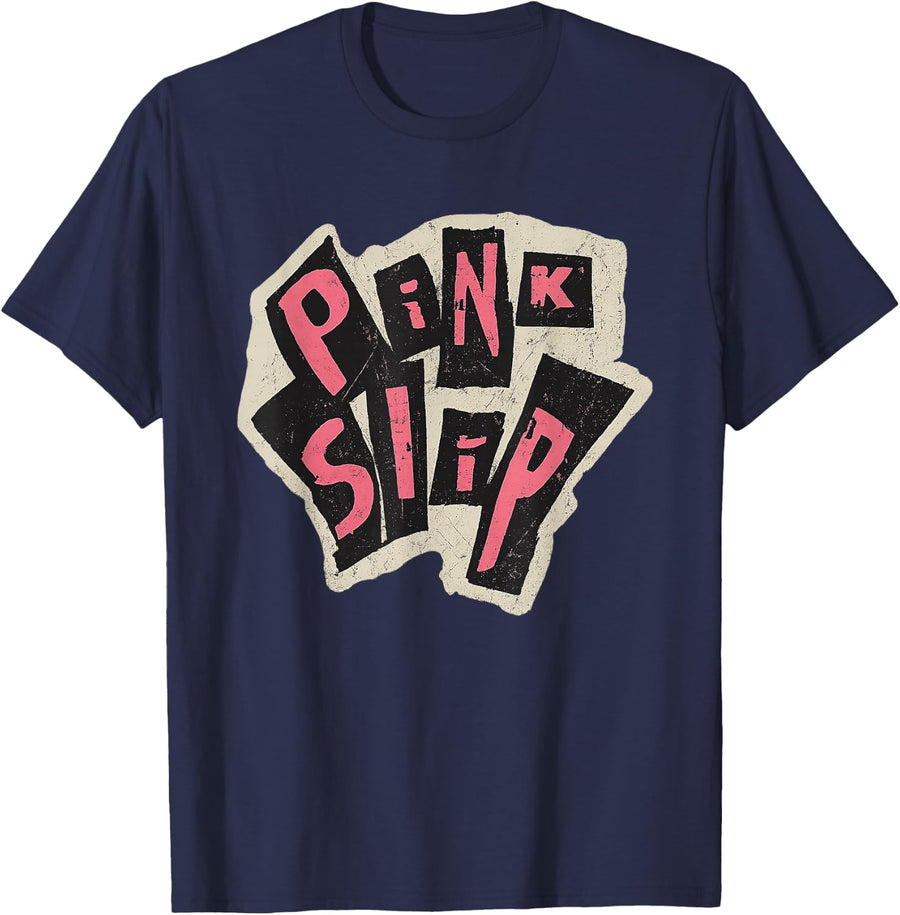 Pink Slip Distressed Grunge Typography Design T-Shirt - Navy Blue