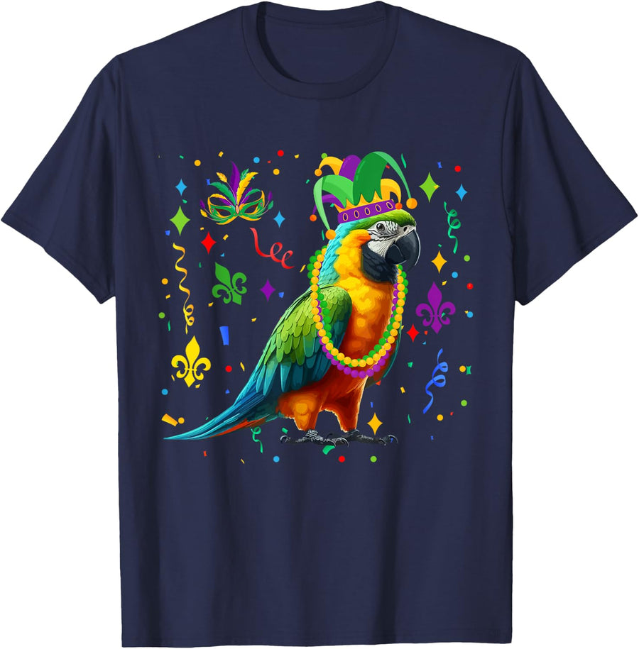 Parrot Wearing Mardi Gras Beads Jester Hat Masked Parades T-Shirt - Navy Blue