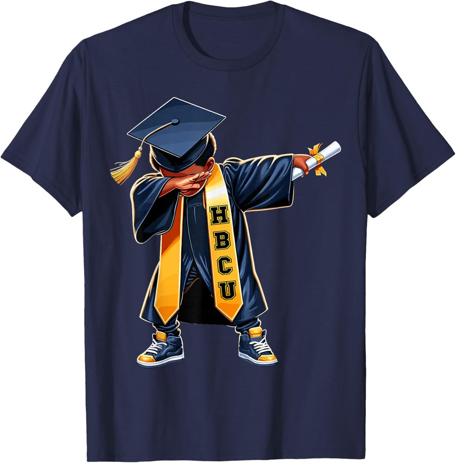 Kids HBCU Funny Boys Grad Dabbing Graduation T-Shirt - Navy Blue