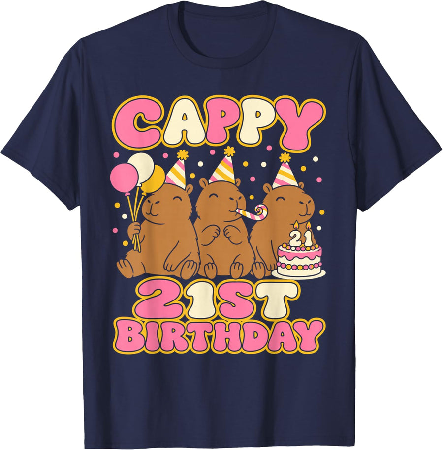 Cappy 21st Birthday Cute Capybara Party Celebration T-Shirt - Navy Blue