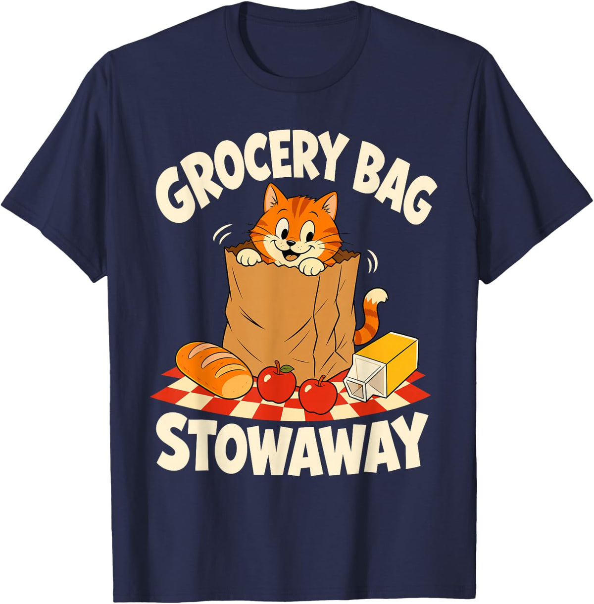 Grocery Bag Stowaway Ginger Cat T-Shirt - Navy Blue