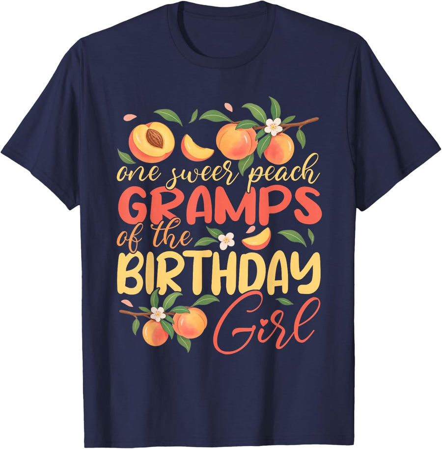 Gramps Birthday Girl One Sweet Peach Peachy Birthday Party T-Shirt - Navy Blue