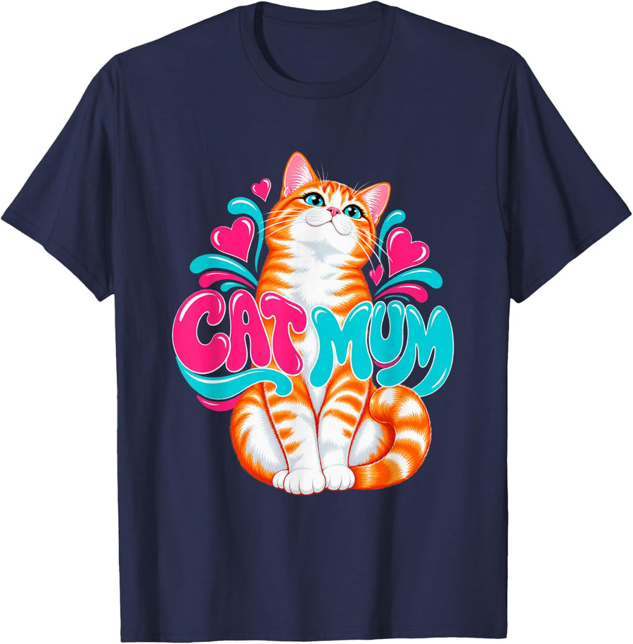 Cat Mum Kitten with Hearts and Swirls T-Shirt - Navy Blue