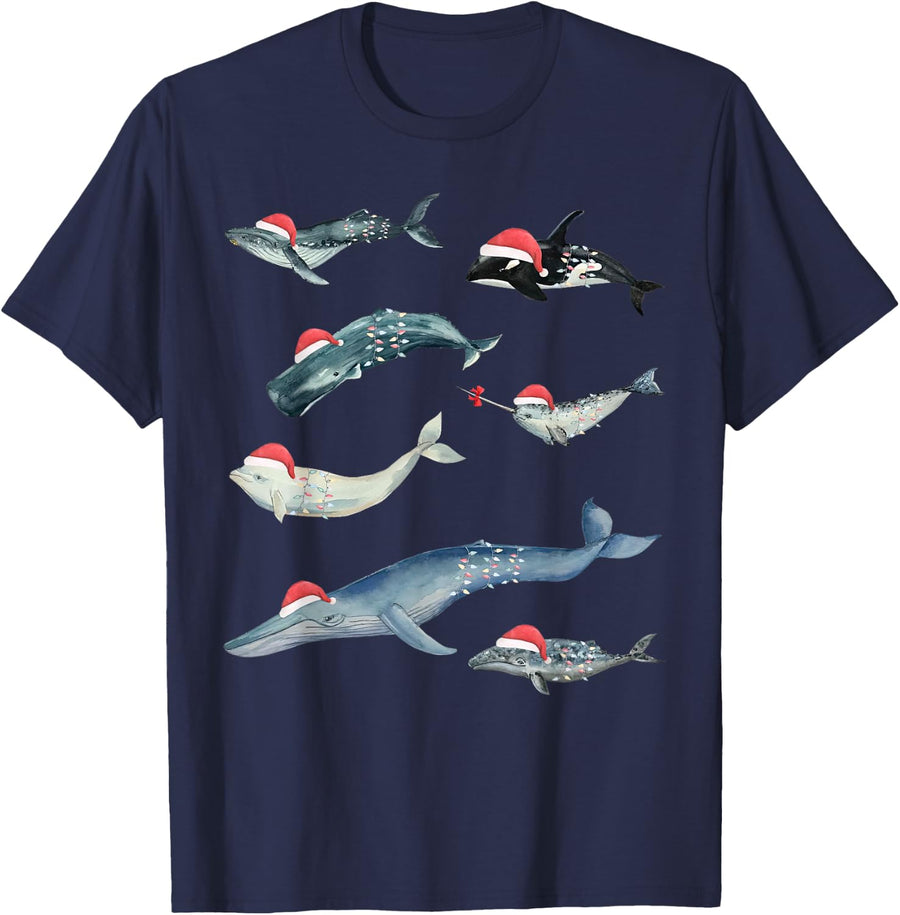 Cute Sea Creatures Whales Orca Christmas Ocean Animal Lovers T-Shirt - Navy Blue